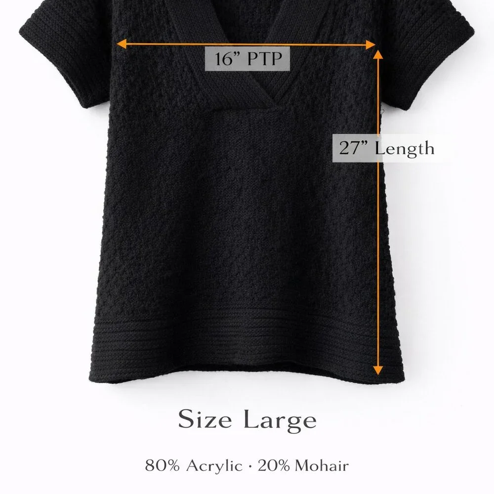 Orsay Black Knit Sweater Top Large V-Neck Short Sleeve Textured Soft Cozy - Picture 3 of 9